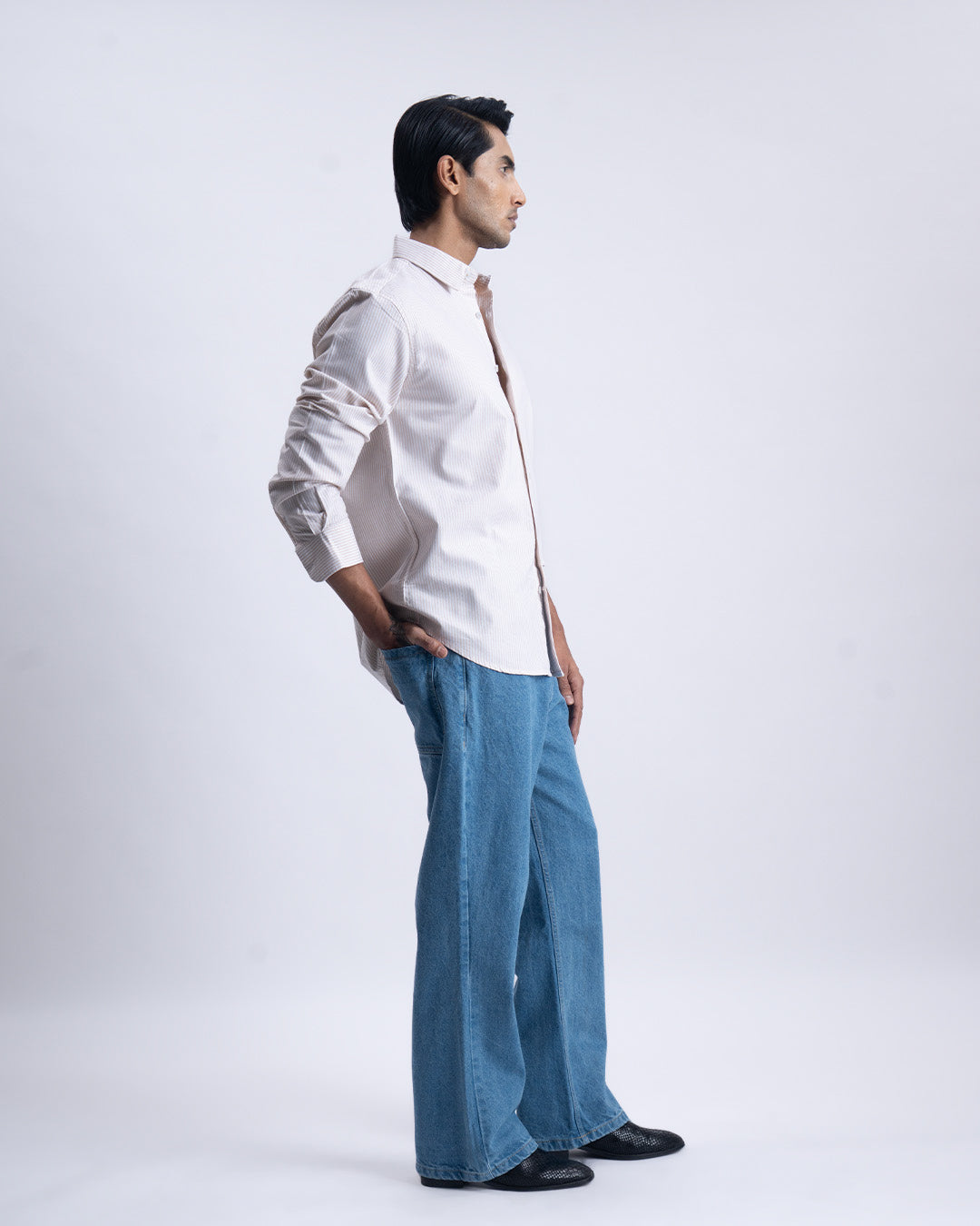 Striped Cotton Tailored Shirt in Beige