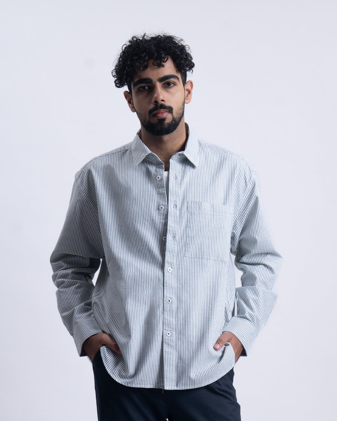 Striped Cropped Relaxed Shirt In DarkGreen