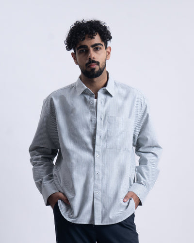 Striped Cropped Relaxed Shirt In DarkGreen