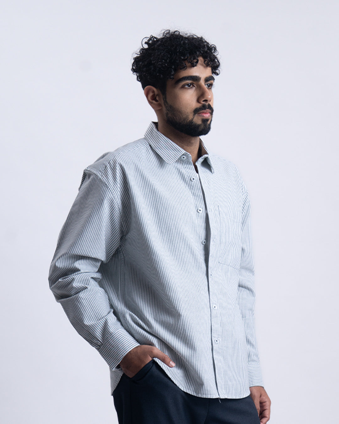 Striped Cropped Relaxed Shirt In DarkGreen