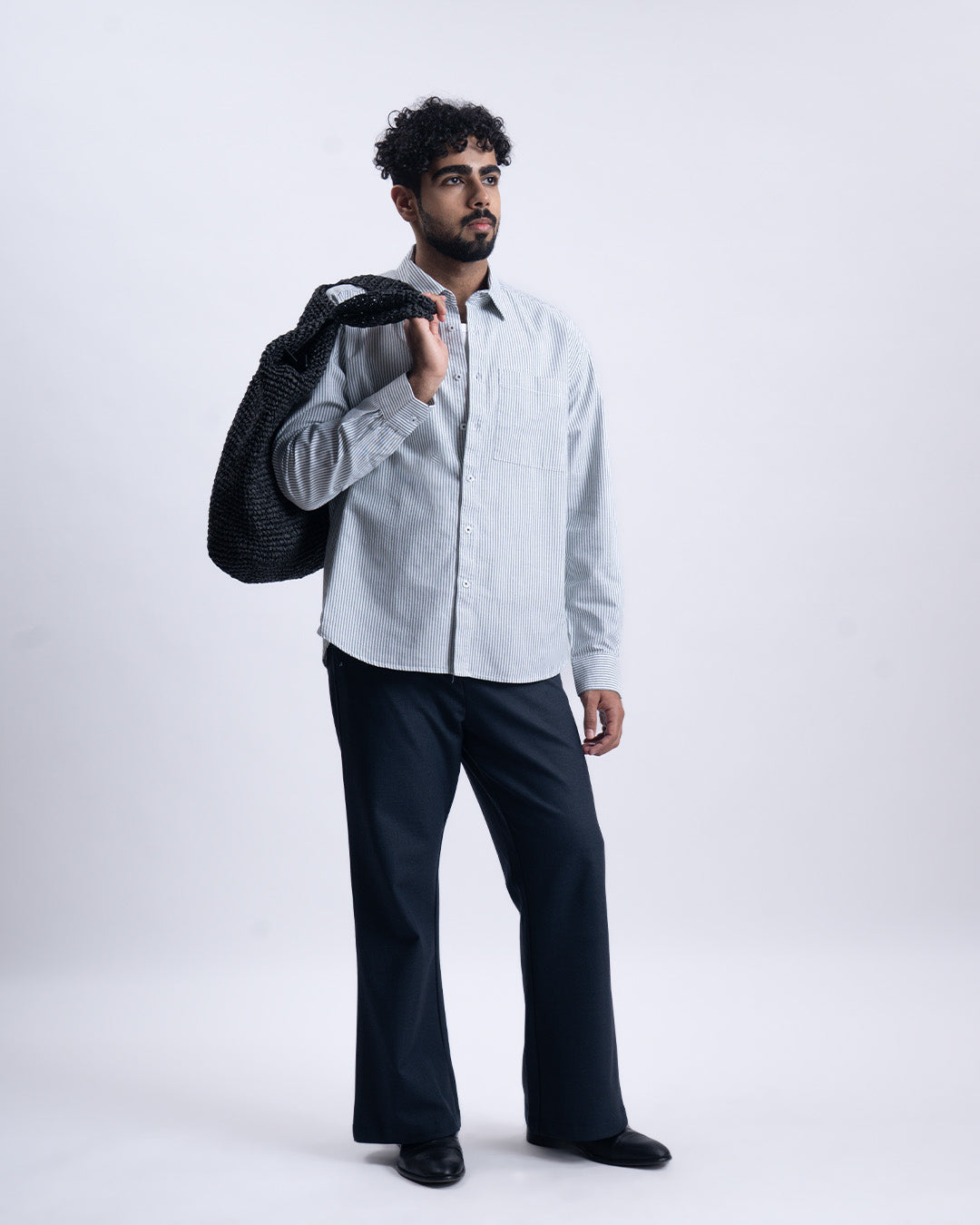 Striped Cropped Relaxed Shirt In DarkGreen