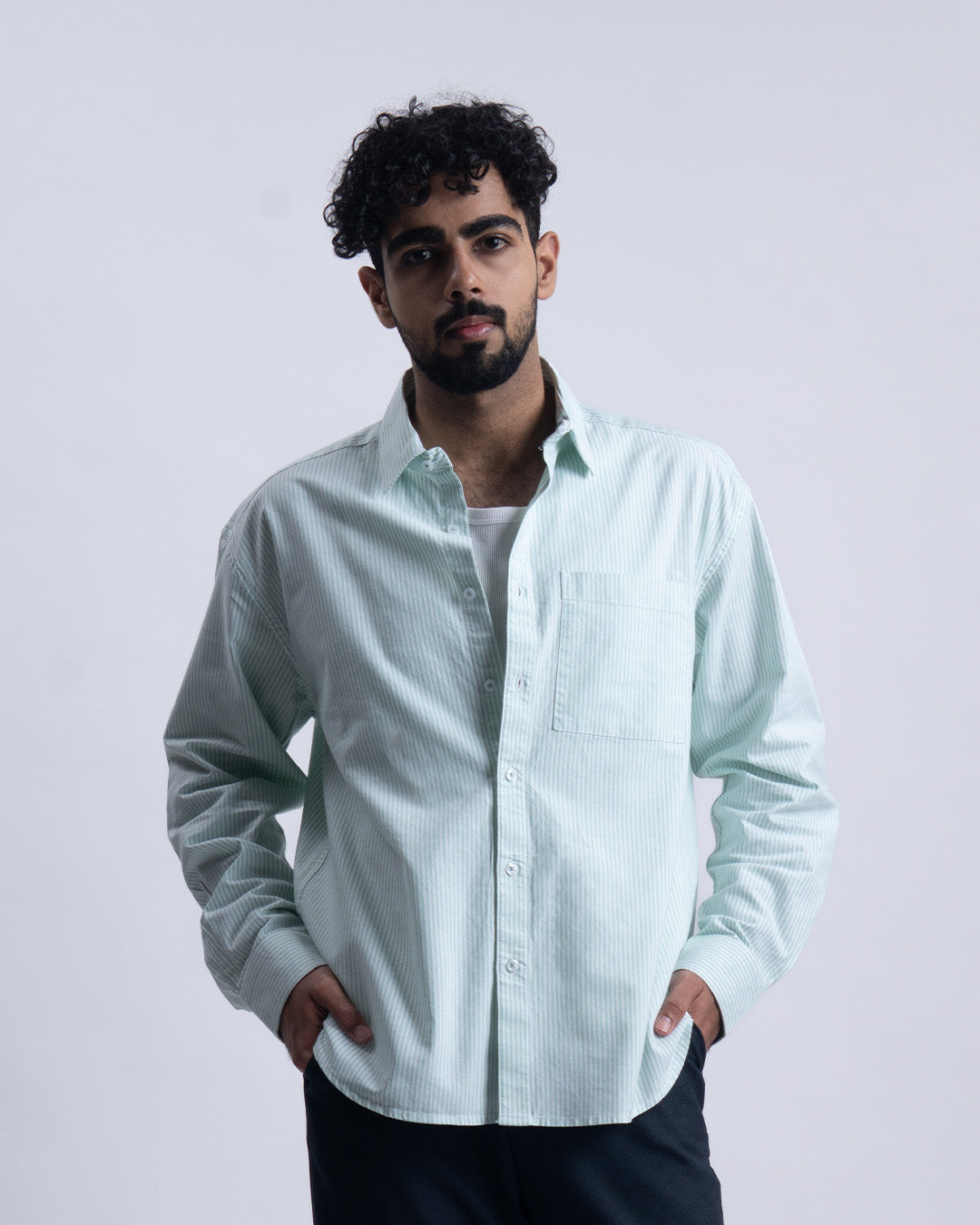 Striped Cropped Relaxed Shirt In Green