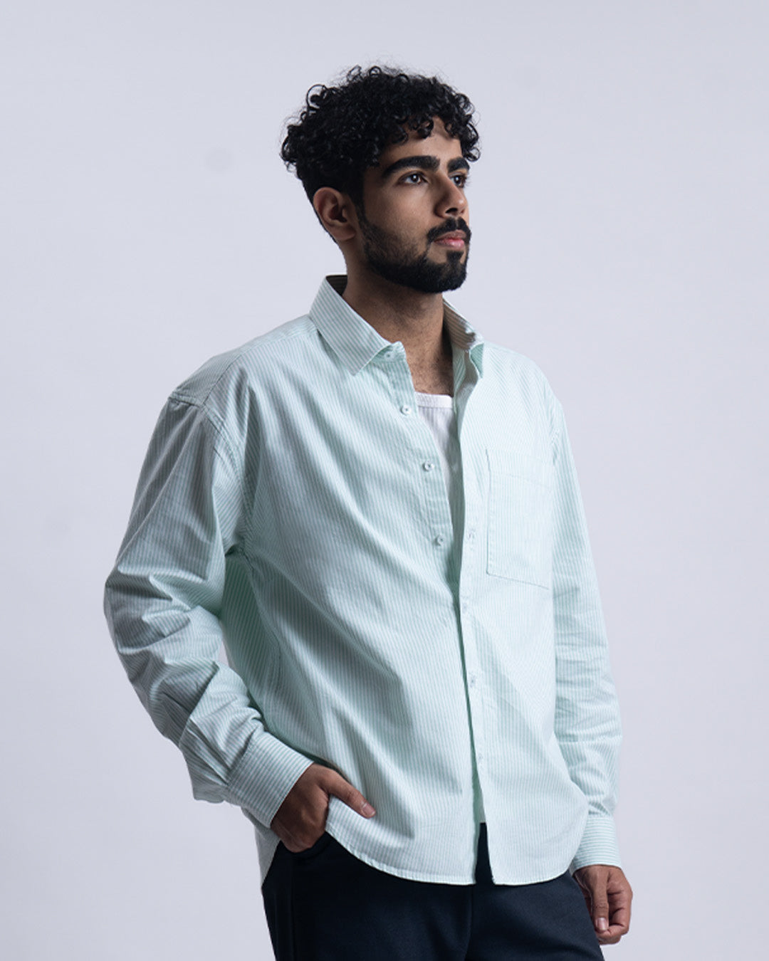 Striped Cropped Relaxed Shirt In Green