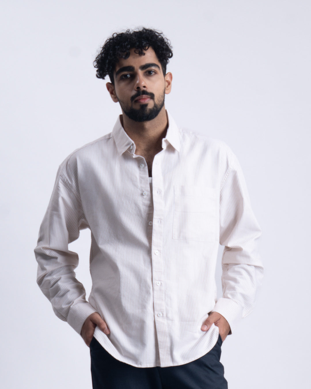 Striped Cropped Relaxed Shirt In Beige