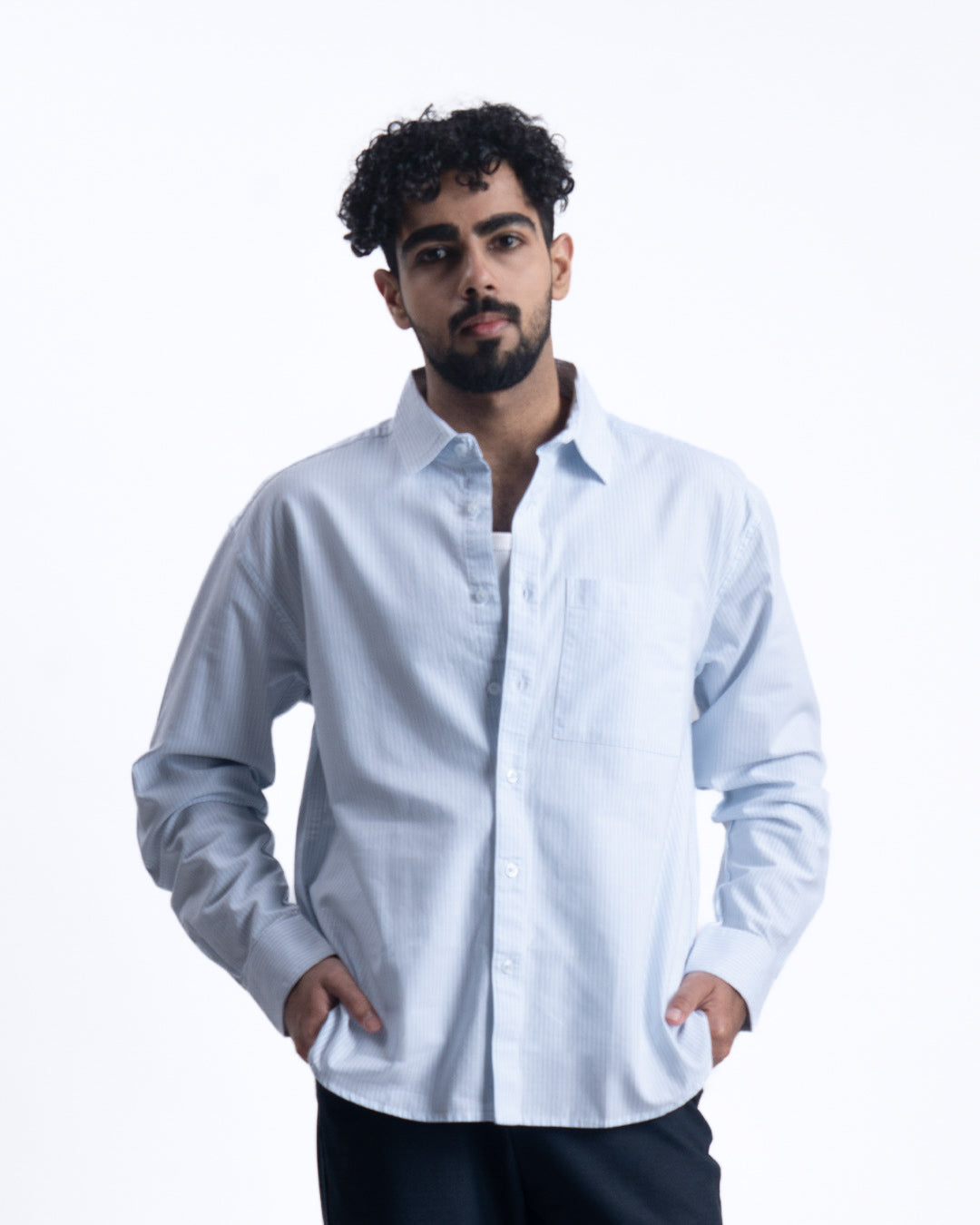 Striped Cropped Relaxed Shirt In Skyblue