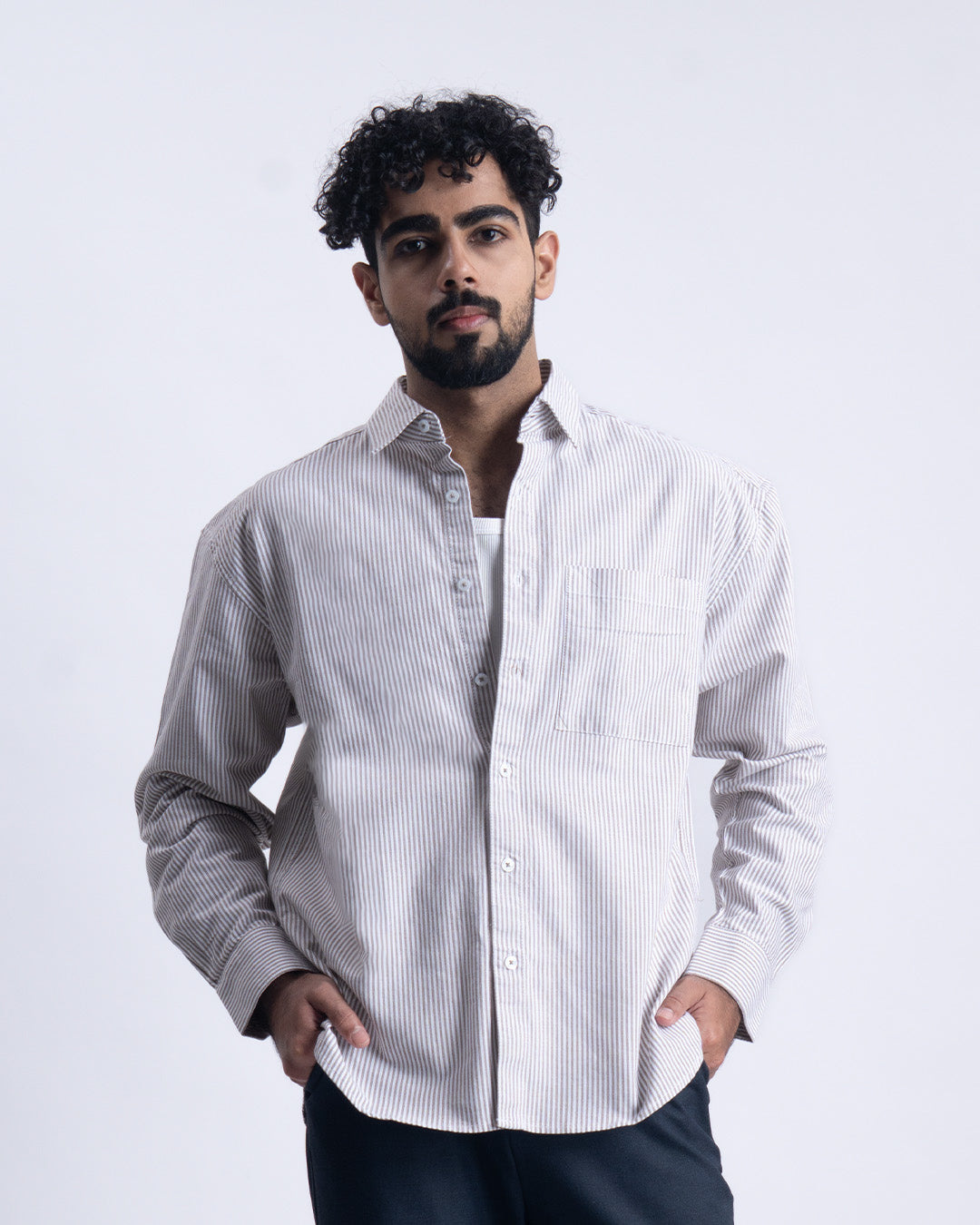 Striped Cropped Relaxed Shirt In Brown