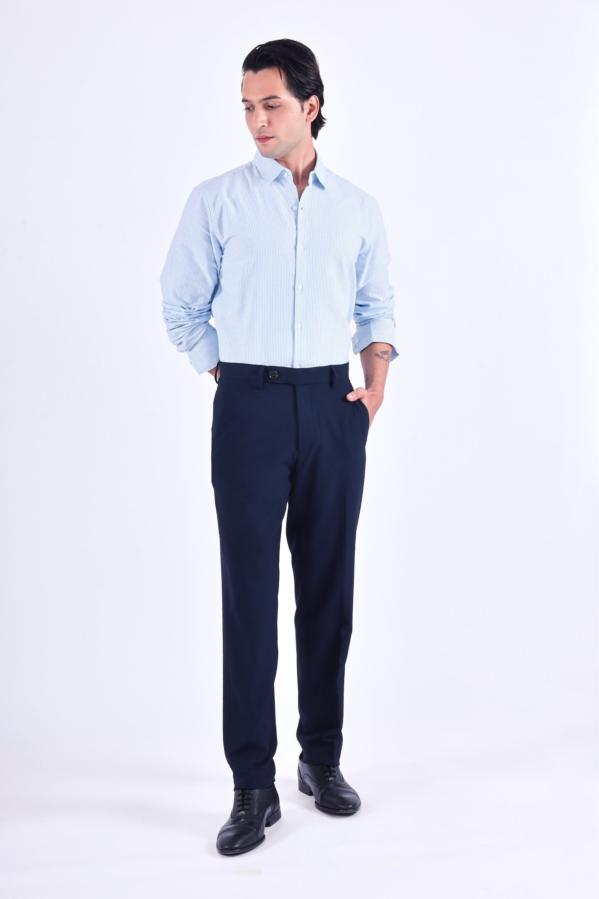 EASY IRON STRIPED FORMAL PANTS IN BLUE
