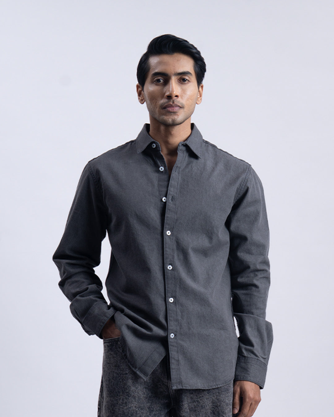 Classic Denim Tailored Shirt In Grey