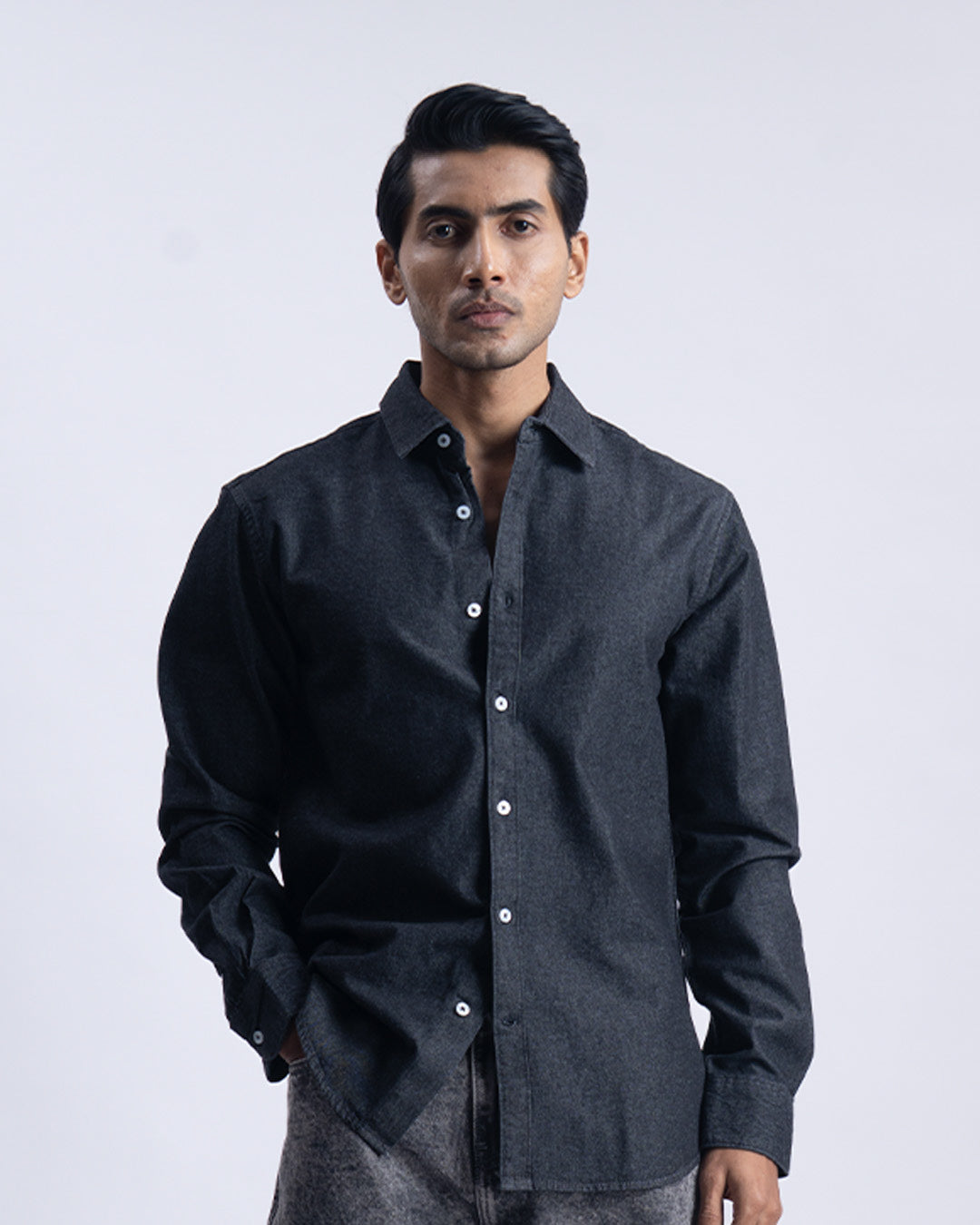 Classic Denim Tailored Shirt In Dark Grey