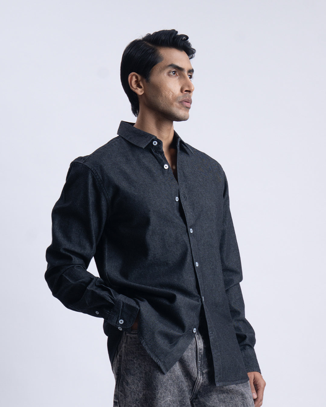 Classic Denim Tailored Shirt In Dark Grey