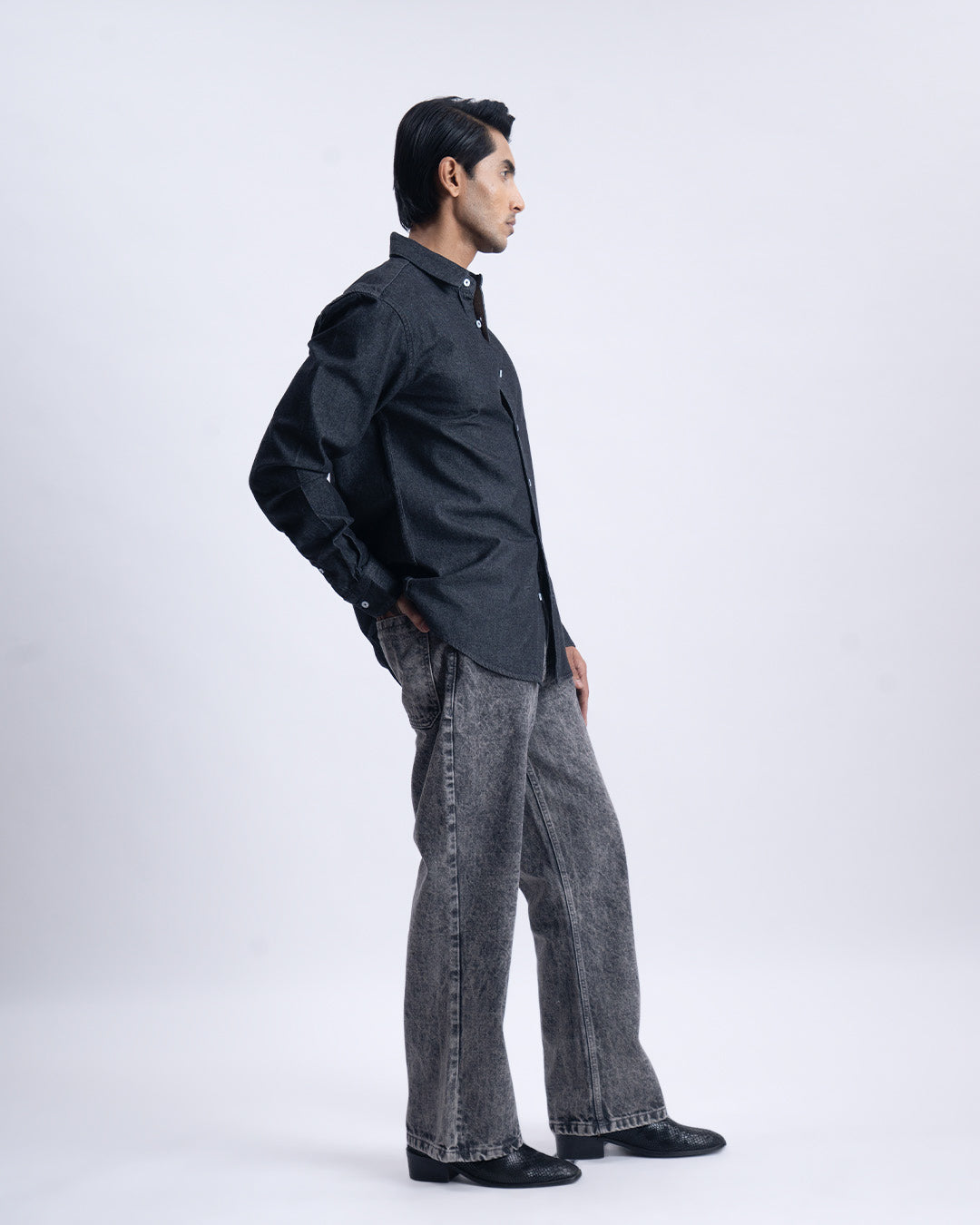 Classic Denim Tailored Shirt In Dark Grey