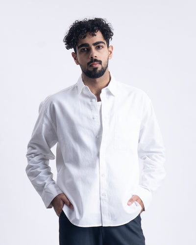 Linen Fused Relaxed Cropped Shirt In White