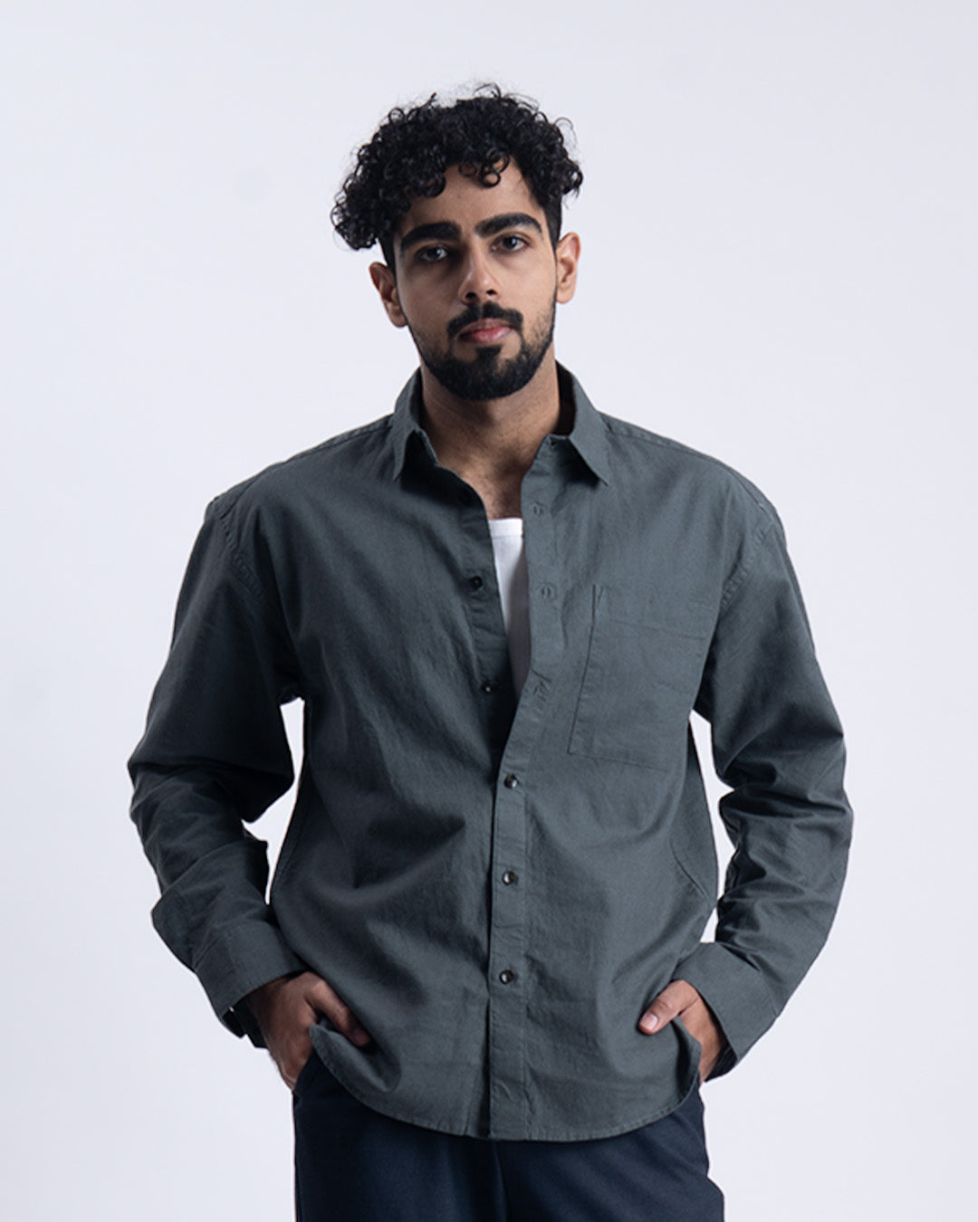 Linen Fused Relaxed Cropped Shirt In Green