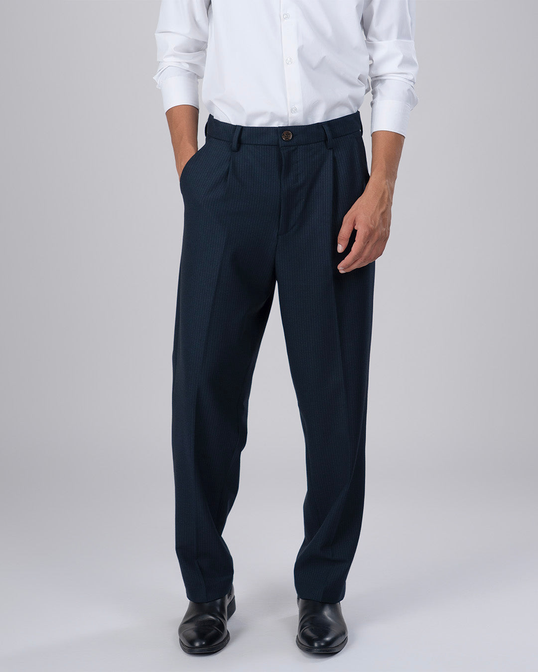 Easy Iron Pinstriped Relaxed Trousers In Navy