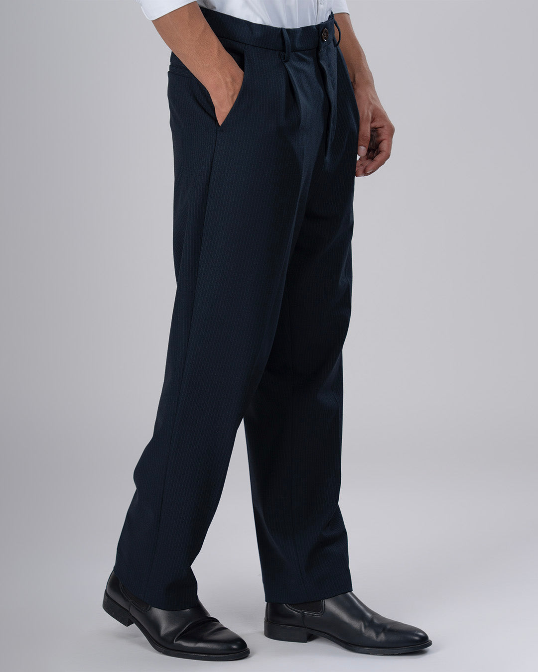 Easy Iron Pinstriped Relaxed Trousers In Navy
