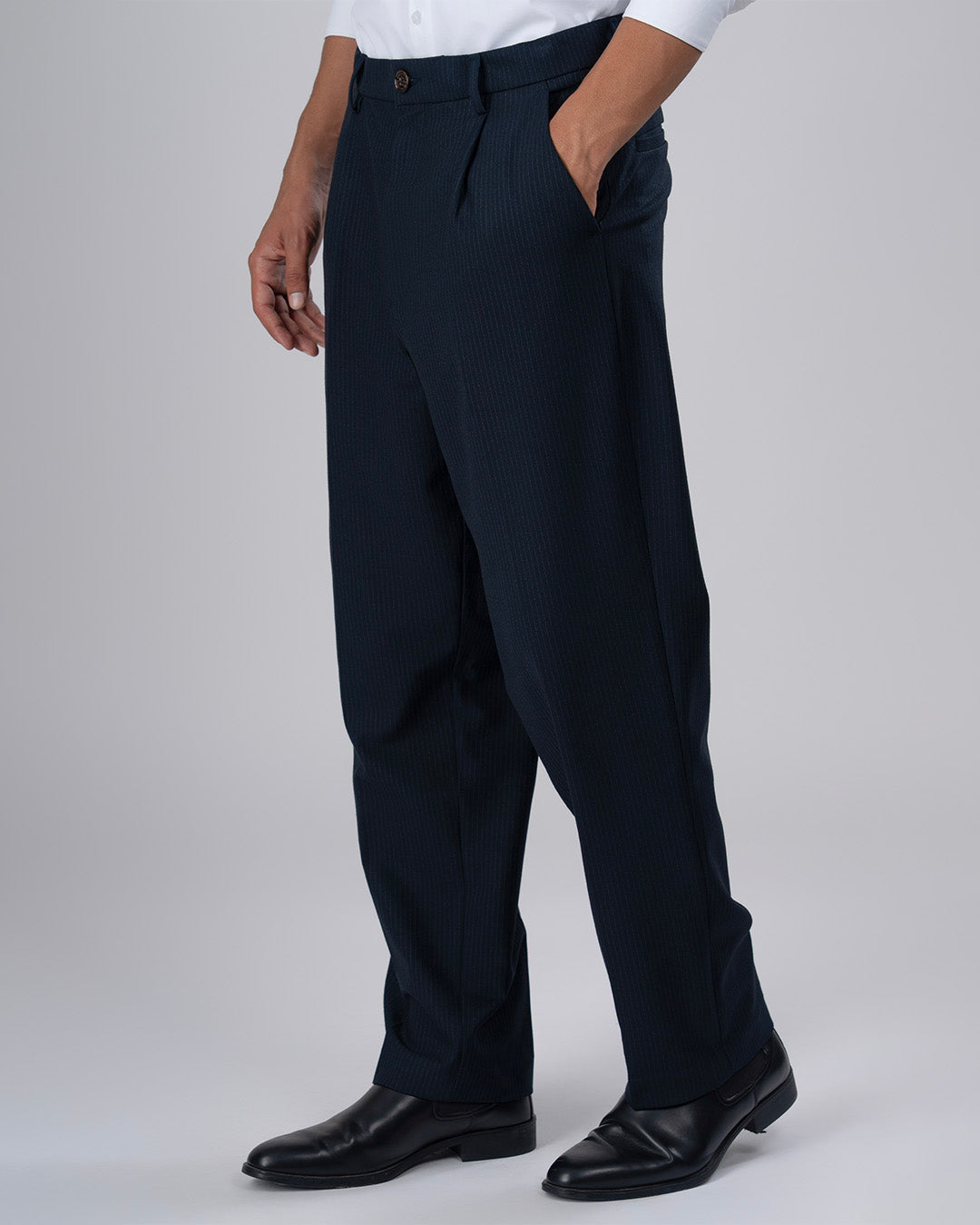 Easy Iron Pinstriped Relaxed Trousers In Navy