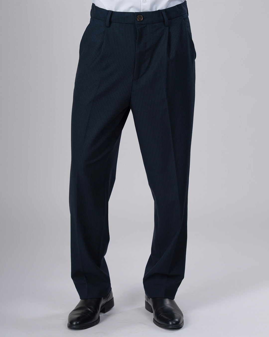 Easy Iron Pinstriped Relaxed Trousers In Navy