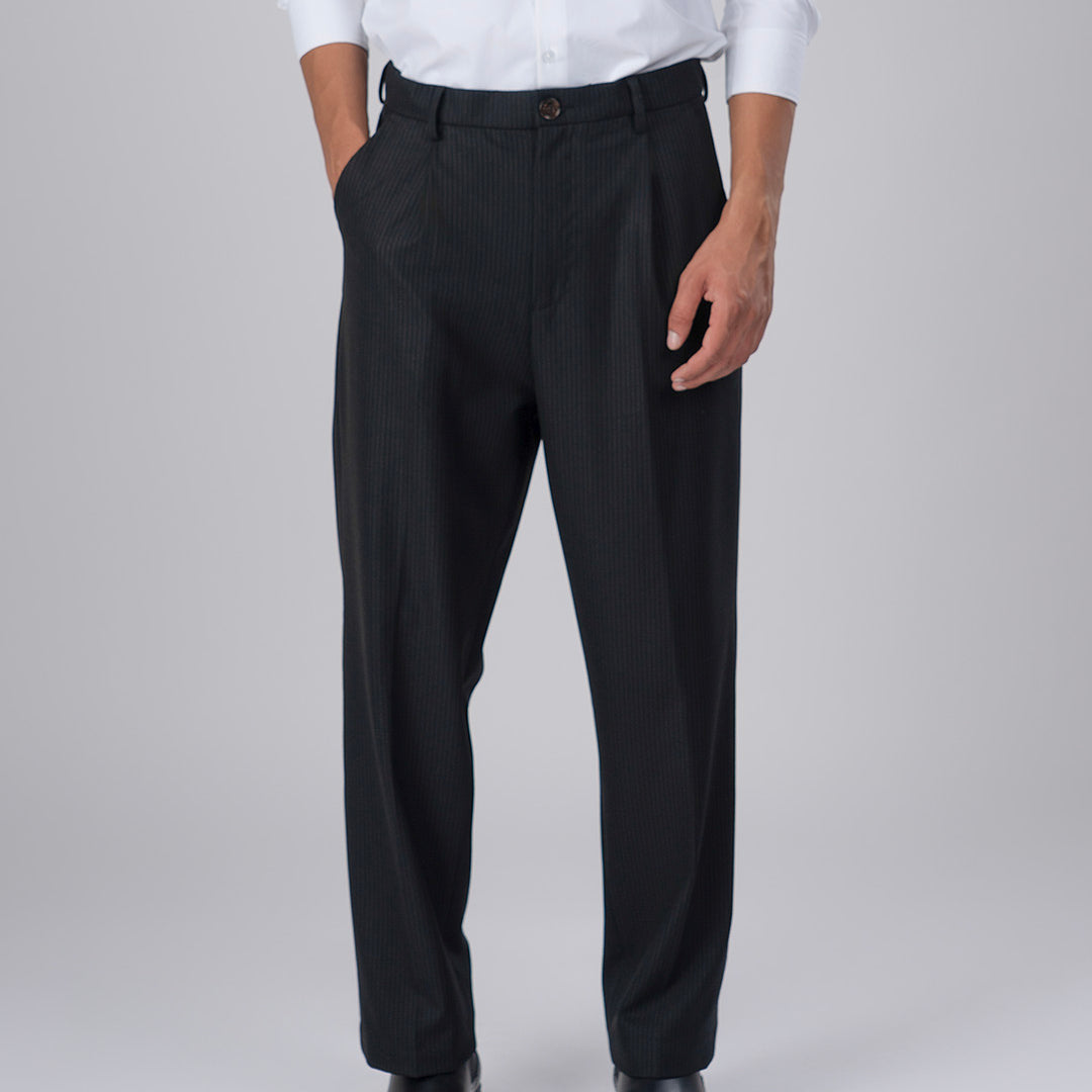 Easy Iron Pinstriped Relaxed Trousers In Black