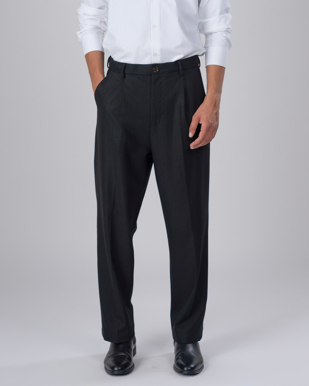 Easy Iron Pinstriped Relaxed Trousers In Black