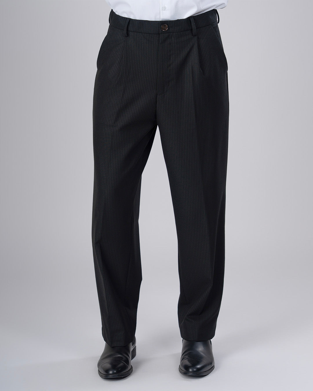 Easy Iron Pinstriped Relaxed Trousers In Black