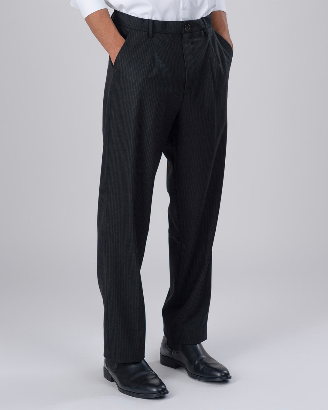 Easy Iron Pinstriped Relaxed Trousers In Black