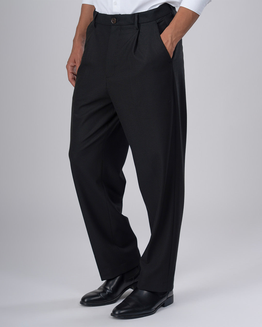 Easy Iron Pinstriped Relaxed Trousers In Black