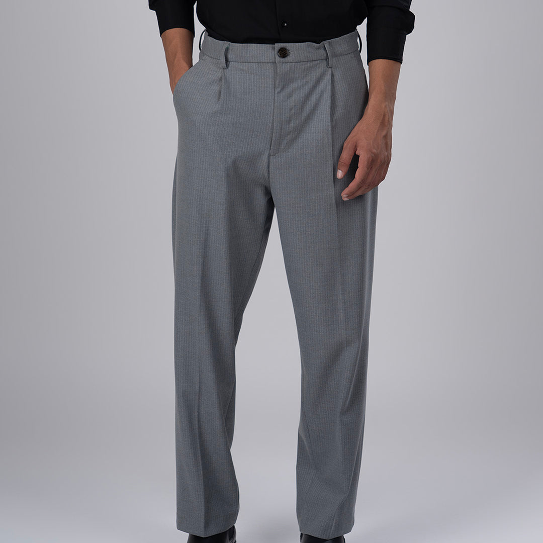 Easy Iron Pinstriped Relaxed Trousers In Grey