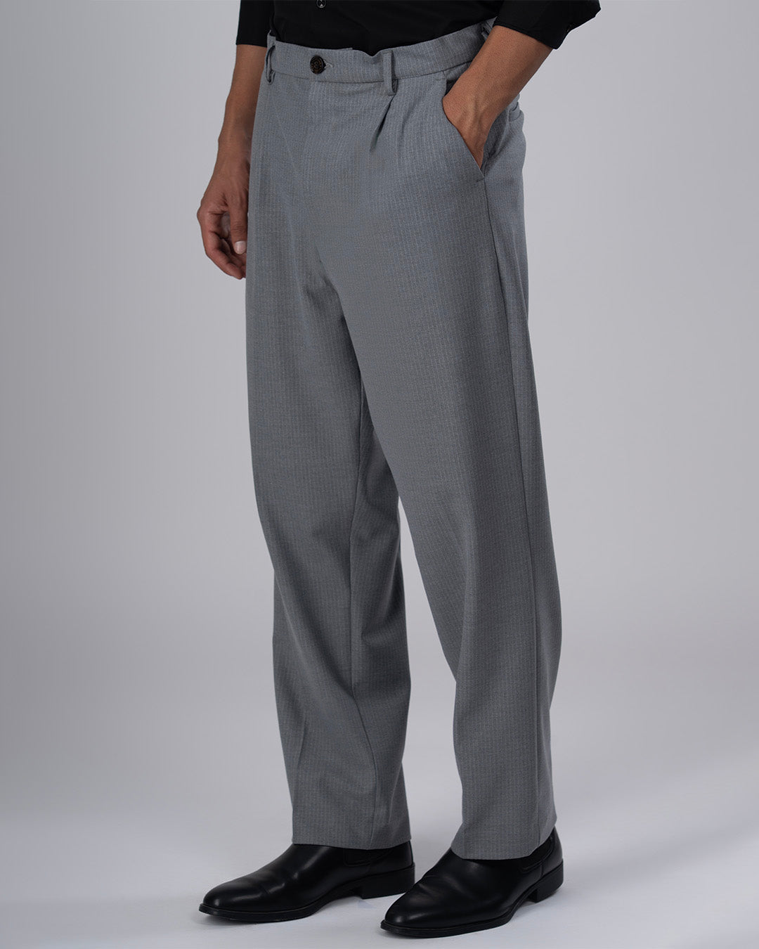 Easy Iron Pinstriped Relaxed Trousers In Grey