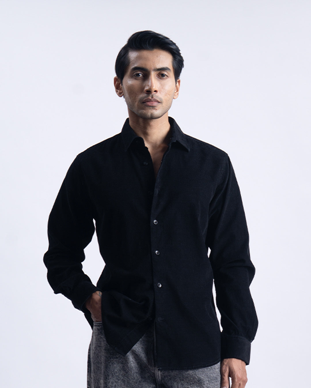Soft Corduroy Tailored Shirt In Black
