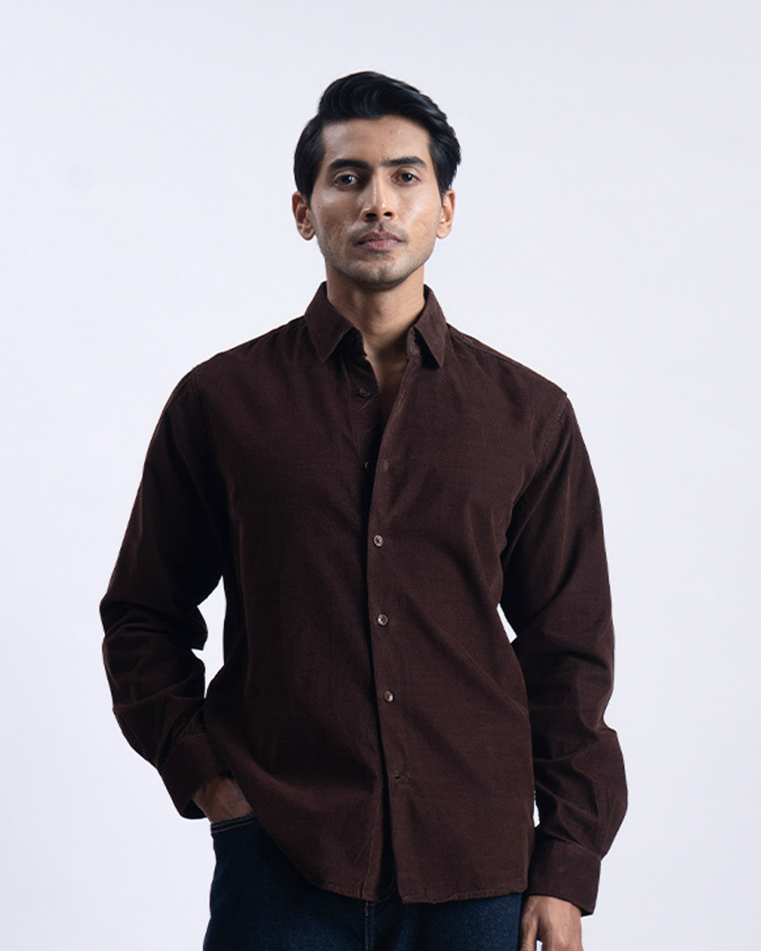 Soft Corduroy Tailored Shirt In Brown