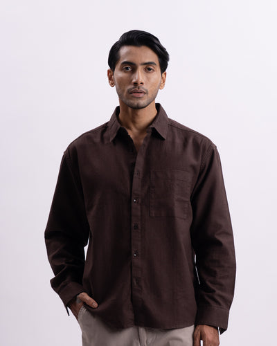 Linen Herringbone Relaxed Cropped Shirt In Brown