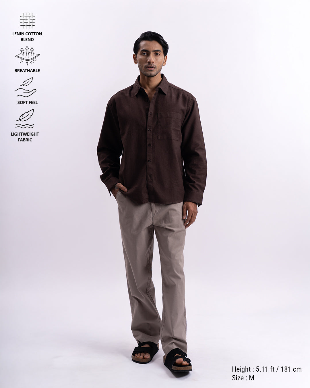 Linen Herringbone Relaxed Cropped Shirt In Brown
