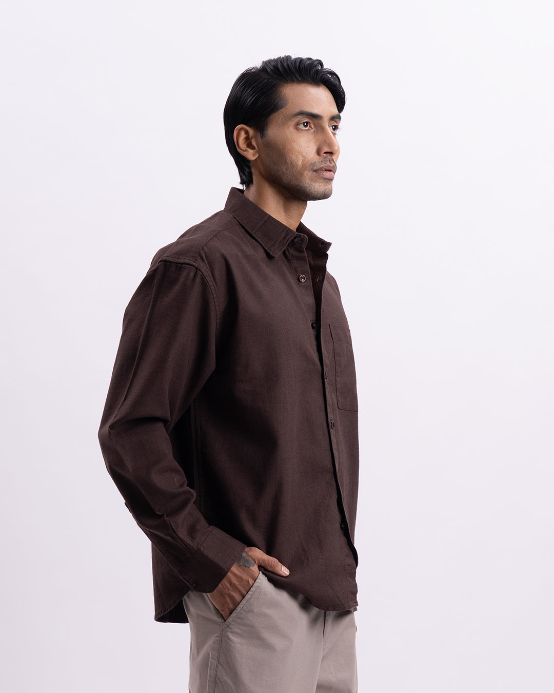 Linen Herringbone Relaxed Cropped Shirt In Brown