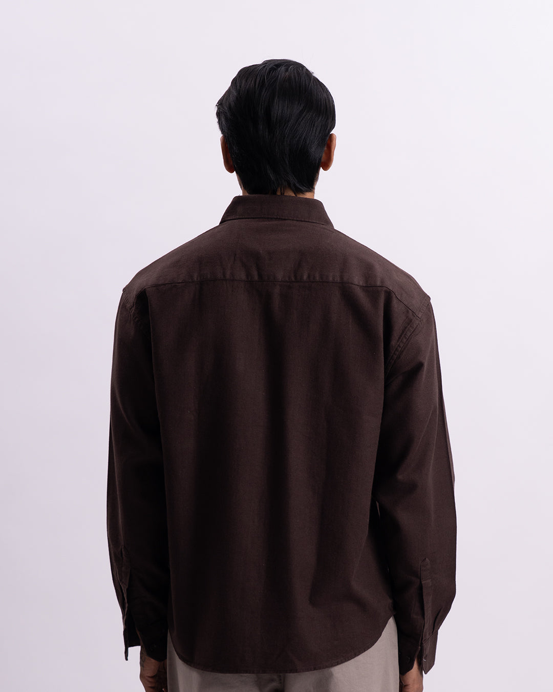 Linen Herringbone Relaxed Cropped Shirt In Brown