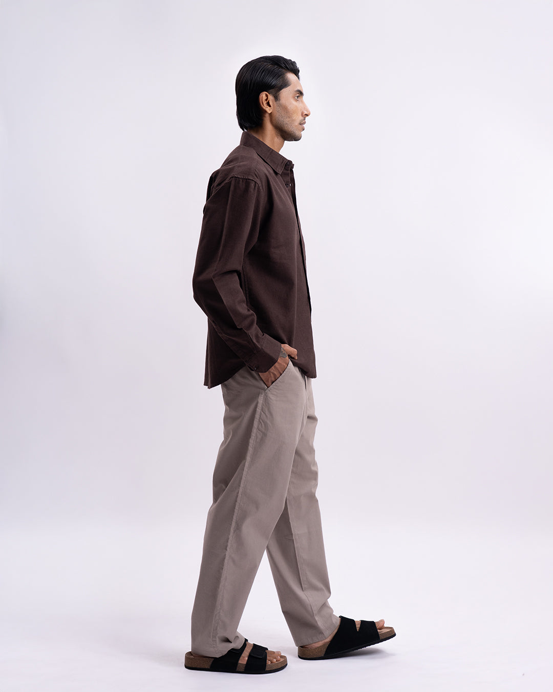 Linen Herringbone Relaxed Cropped Shirt In Brown