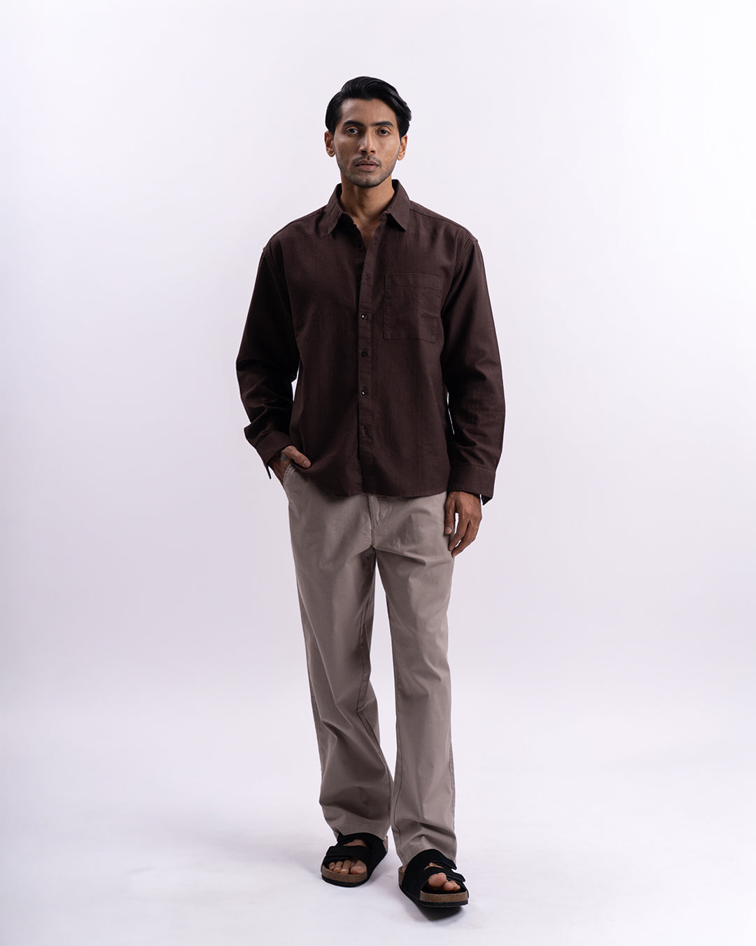Linen Herringbone Relaxed Cropped Shirt In Brown