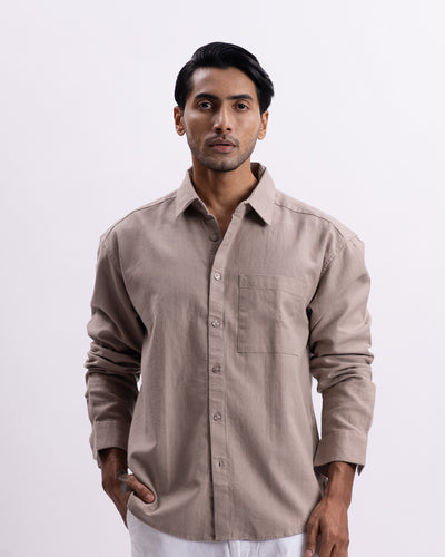 Linen Herringbone Relaxed Cropped Shirt In Beige