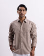 Linen Herringbone Relaxed Cropped Shirt In Beige