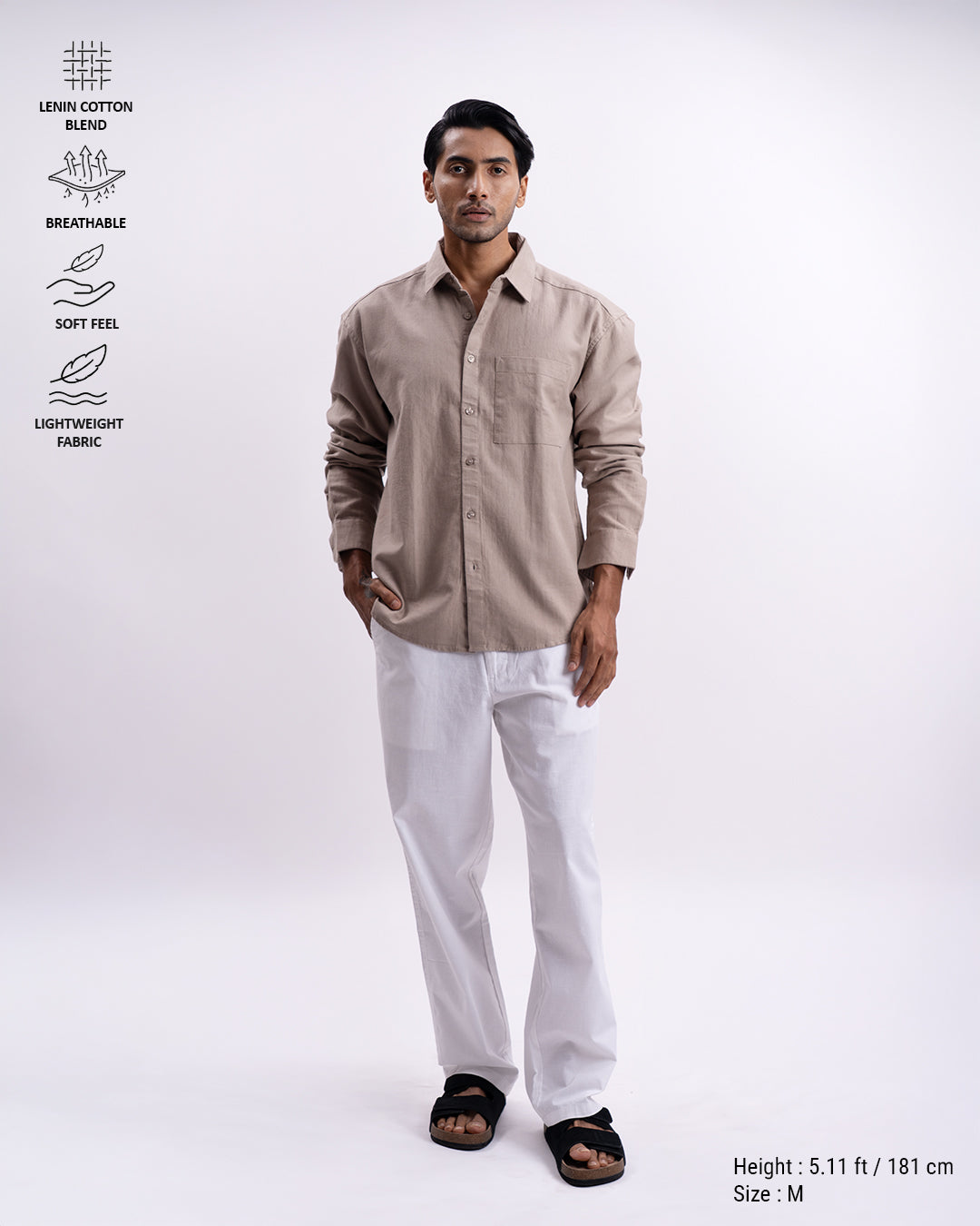 Linen Herringbone Relaxed Cropped Shirt In Beige