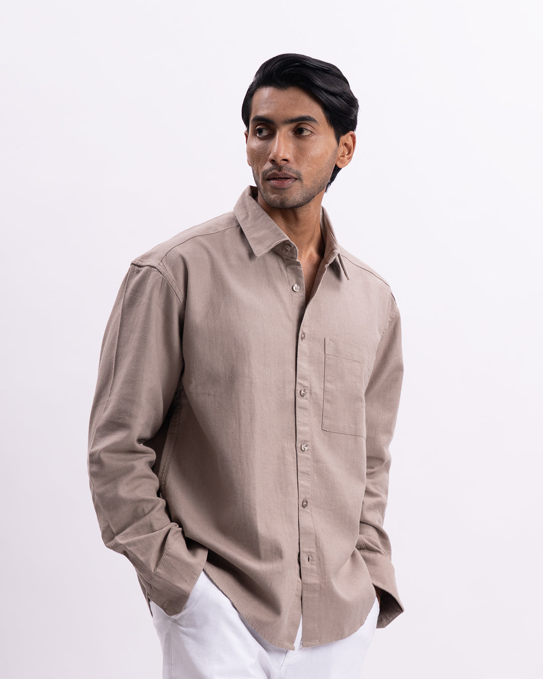 Linen Herringbone Relaxed Cropped Shirt In Beige
