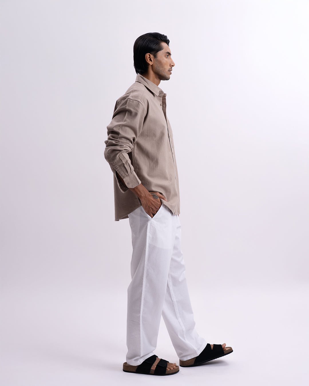 Linen Herringbone Relaxed Cropped Shirt In Beige