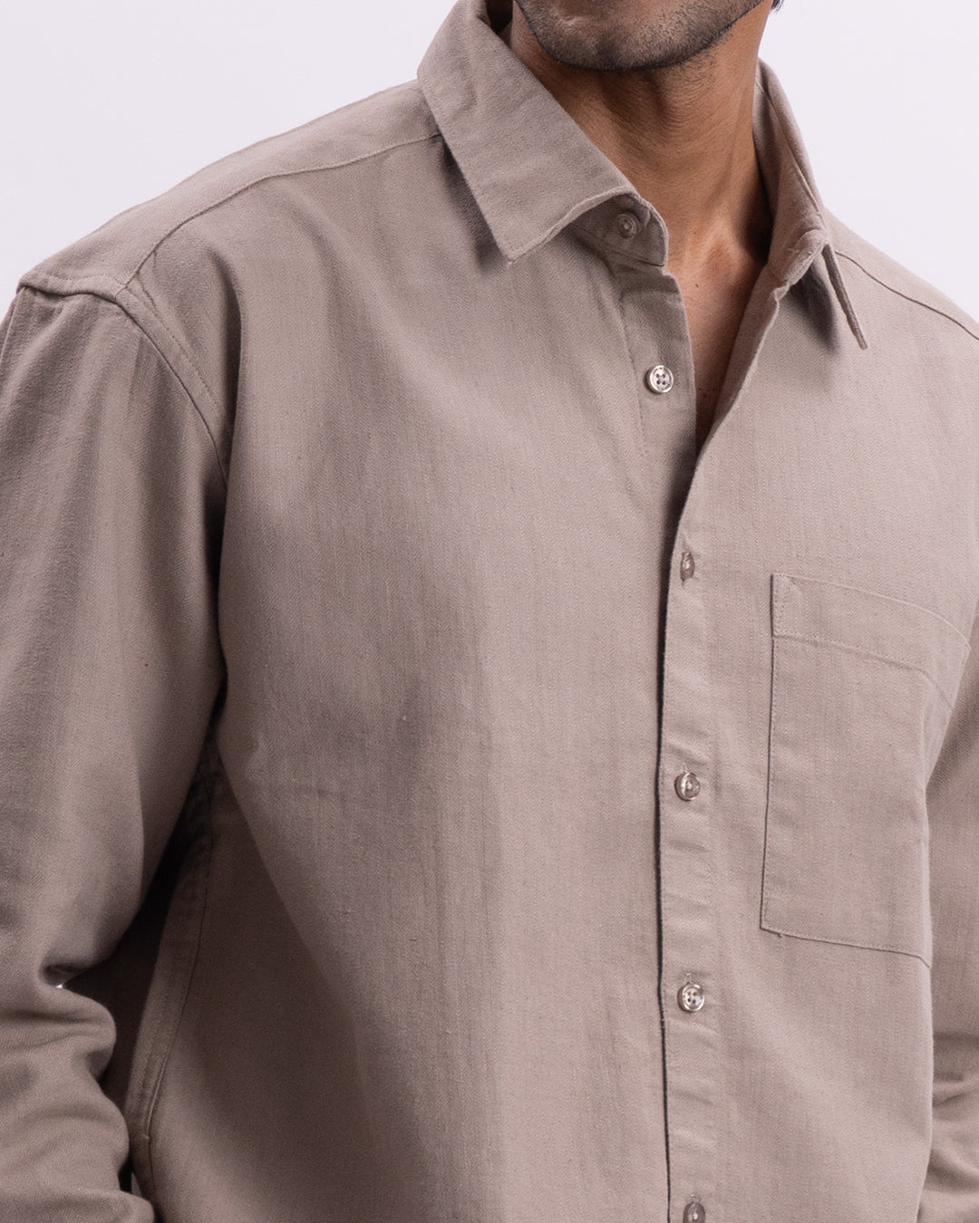 Linen Herringbone Relaxed Cropped Shirt In Beige