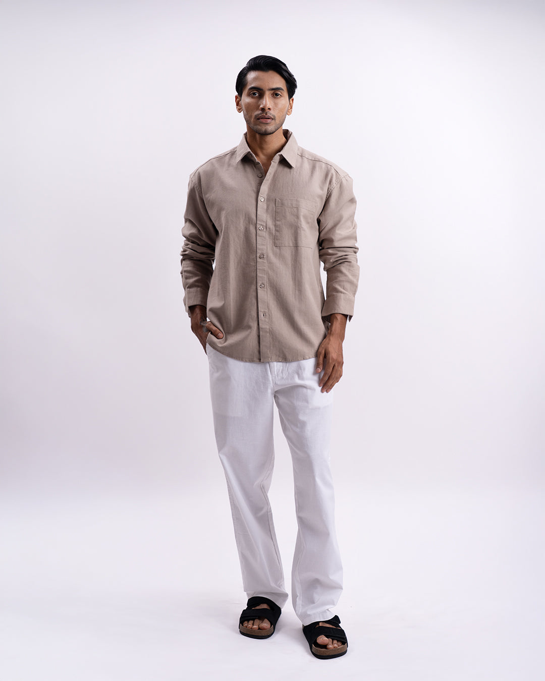 Linen Herringbone Relaxed Cropped Shirt In Beige