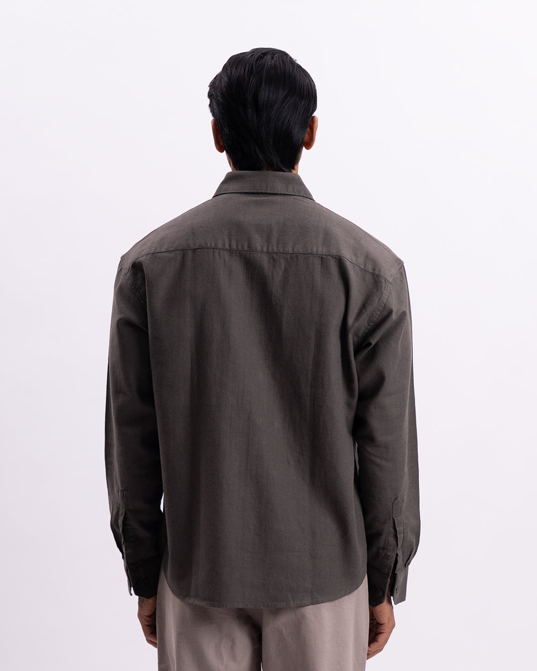 Linen Herringbone Relaxed Cropped Shirt In Olive