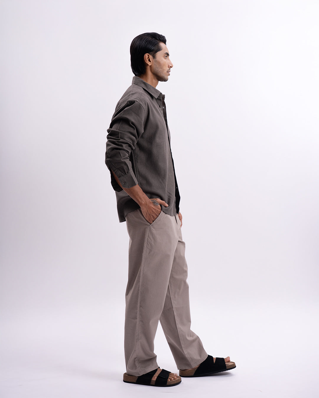 Linen Herringbone Relaxed Cropped Shirt In Olive