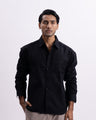 Linen Herringbone Relaxed Cropped Shirt In Black