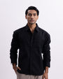 Linen Herringbone Relaxed Cropped Shirt In Black