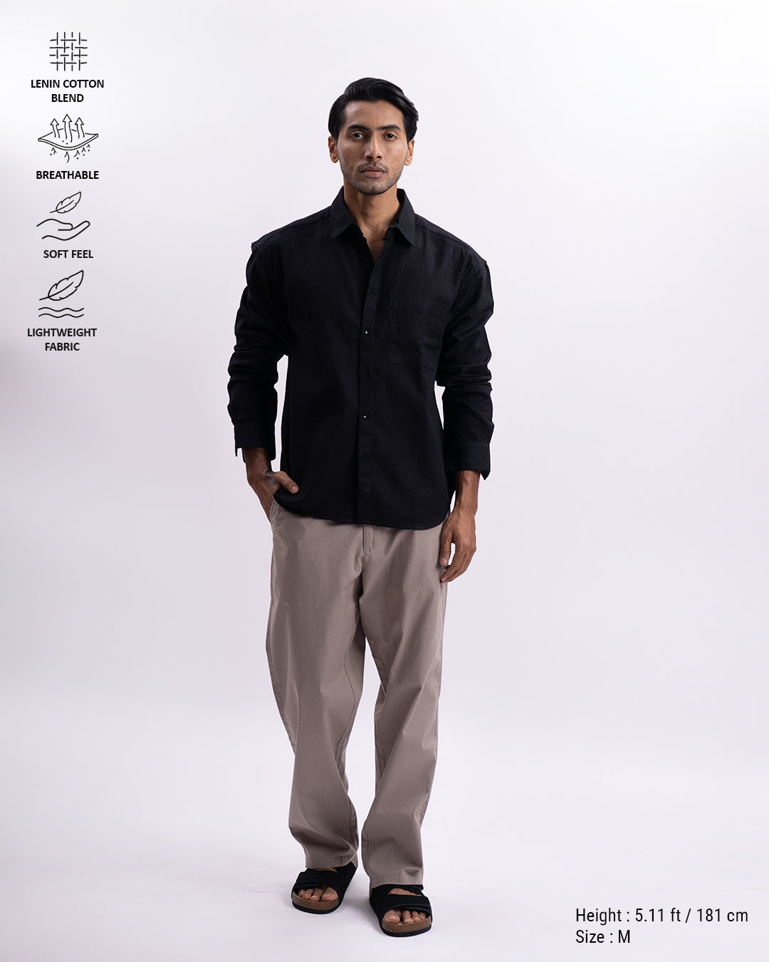 Linen Herringbone Relaxed Cropped Shirt In Black