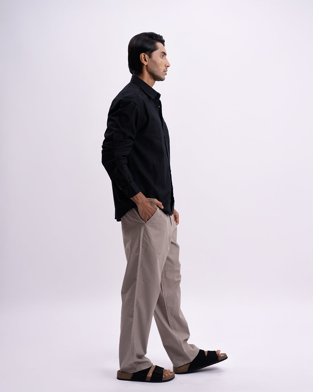Linen Herringbone Relaxed Cropped Shirt In Black