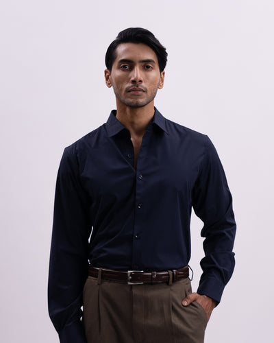 Easy Iron Bamboo Tailored Shirt In Navy